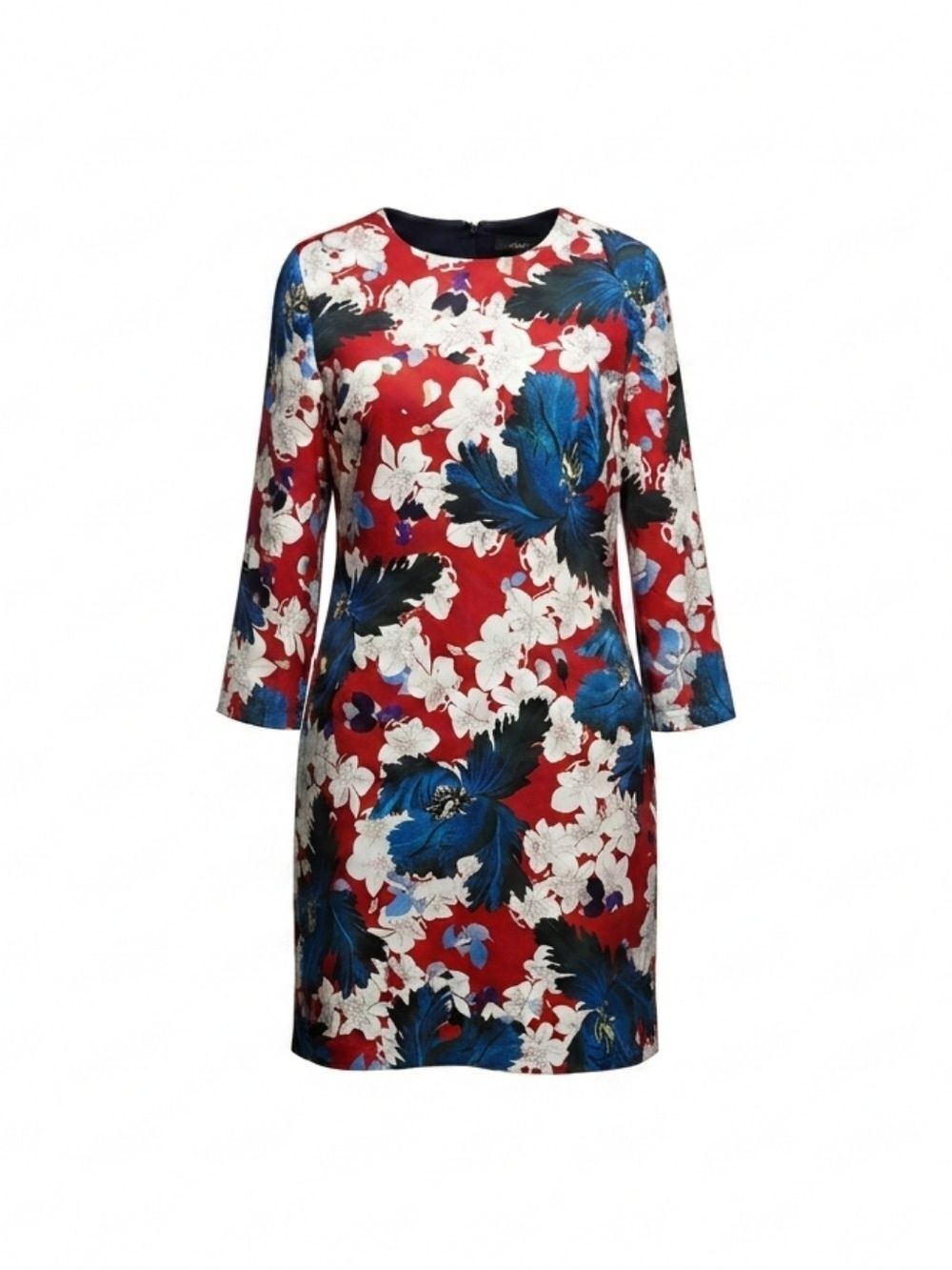 ERDEM Women's Emma Red Floral Silk Shift Mini Dress with Blue Accents Size 12